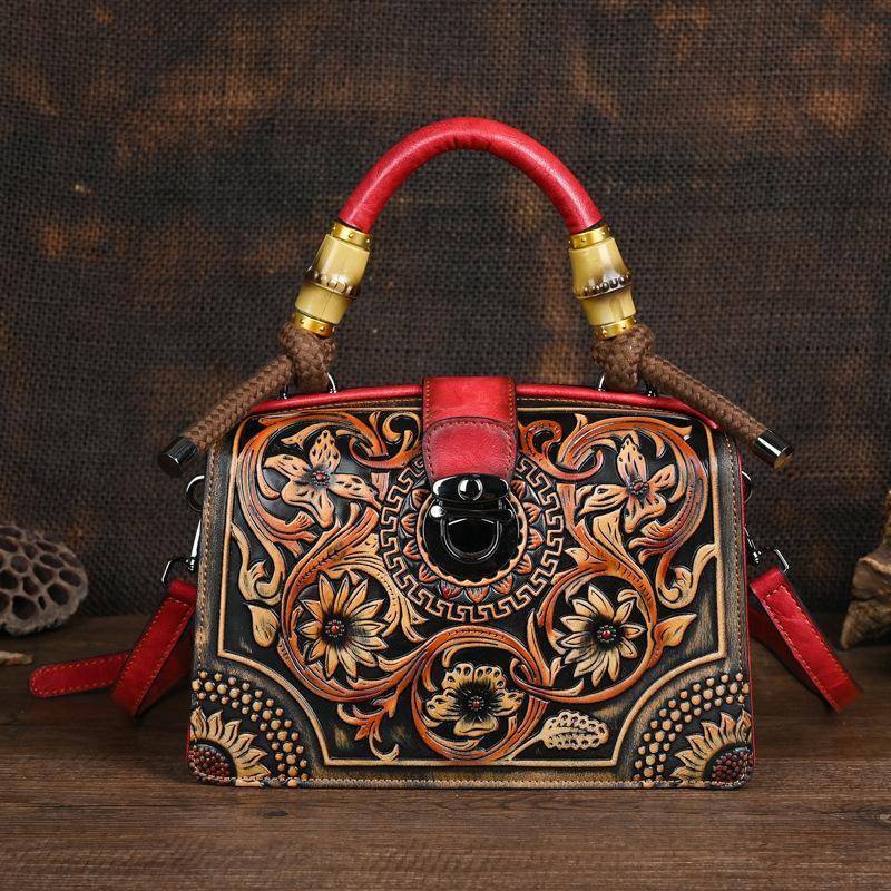 Johnature Vintage Luxury Handbag Handmade Leather Carved Women Bag Versatile Female Shoulder & Crossbody Bags
