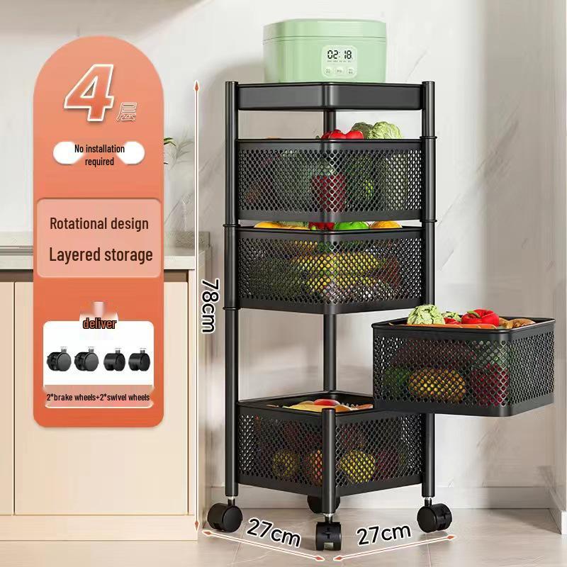 Köks roterande kolstål grönsaks- och fruktskålställ - Golvstående, Fyrkantigt, Flerlagers, Rörligt, Ingen montering krävs.
