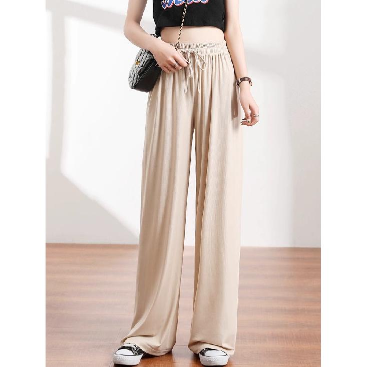 Slacks Women'S Loose Summer Pants Soft Ice Silk Ankle-Length Black Wide Leg Pants Grey Khaki Women High Waisted Trousers