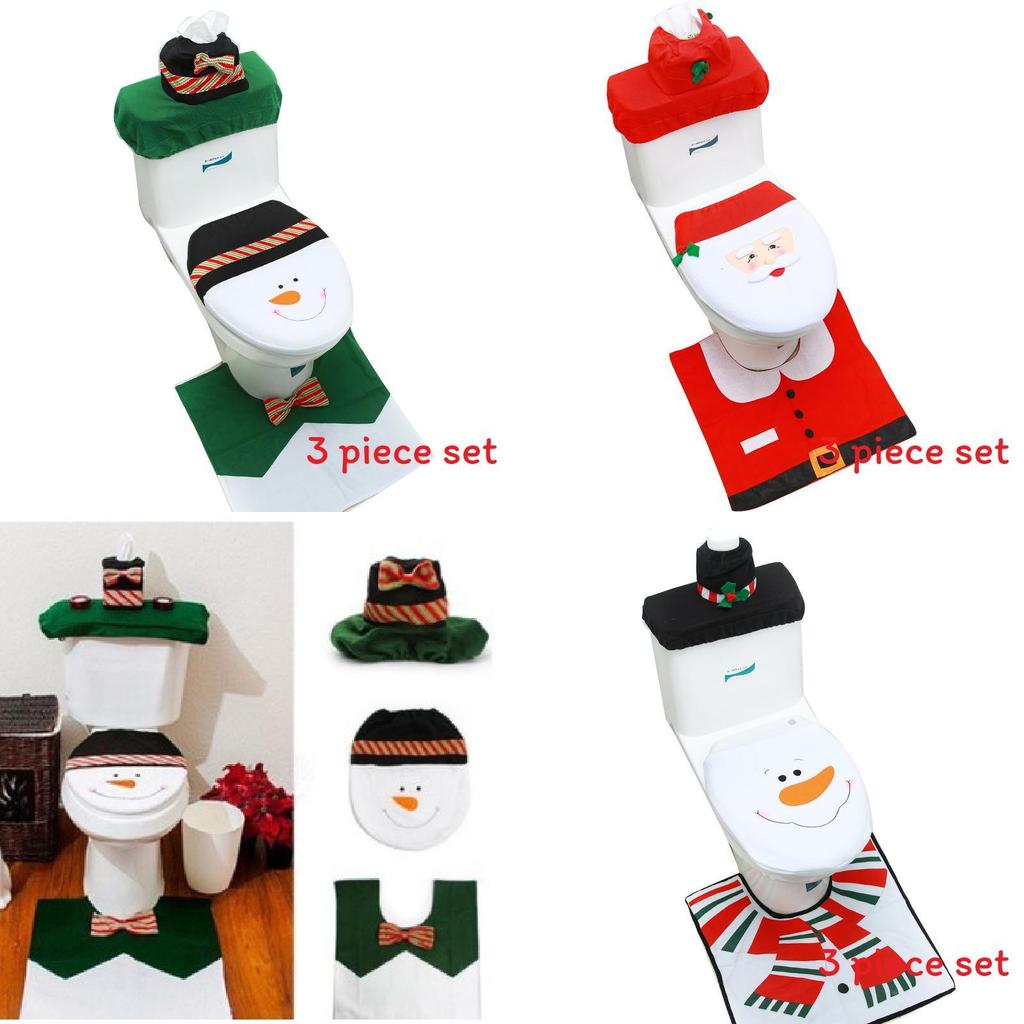 Christmas Themed Santa Claus Snowman Pattern Toilet Cover Three Piece Set For Holiday Bathroom Decor