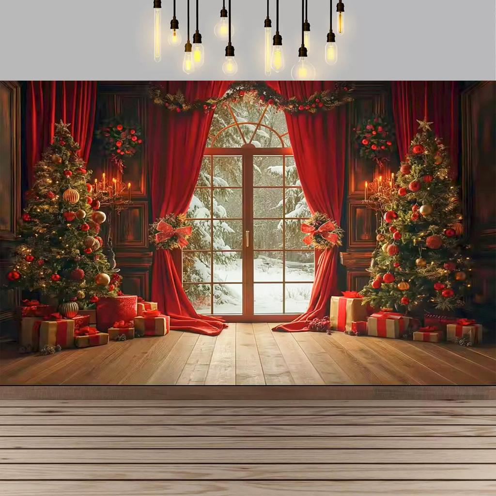 Christmas Red Curtain Decoration Backdrop Winter Snow Scenery Fireplace Santa Claus Photography Backdrop Holiday Party Supplies