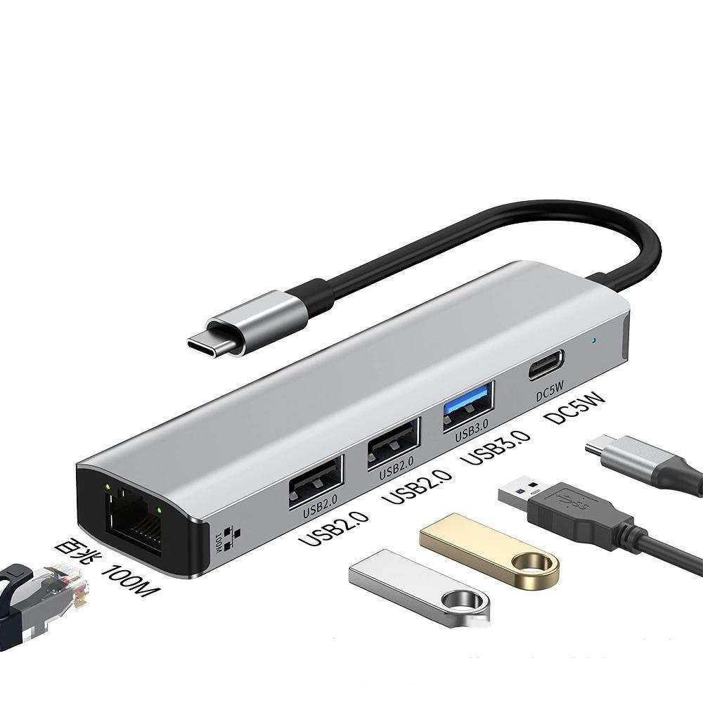 Type-C 5-in-1 Docking Station with Gigabit Ethernet and Multi-Port Expansion for Laptops