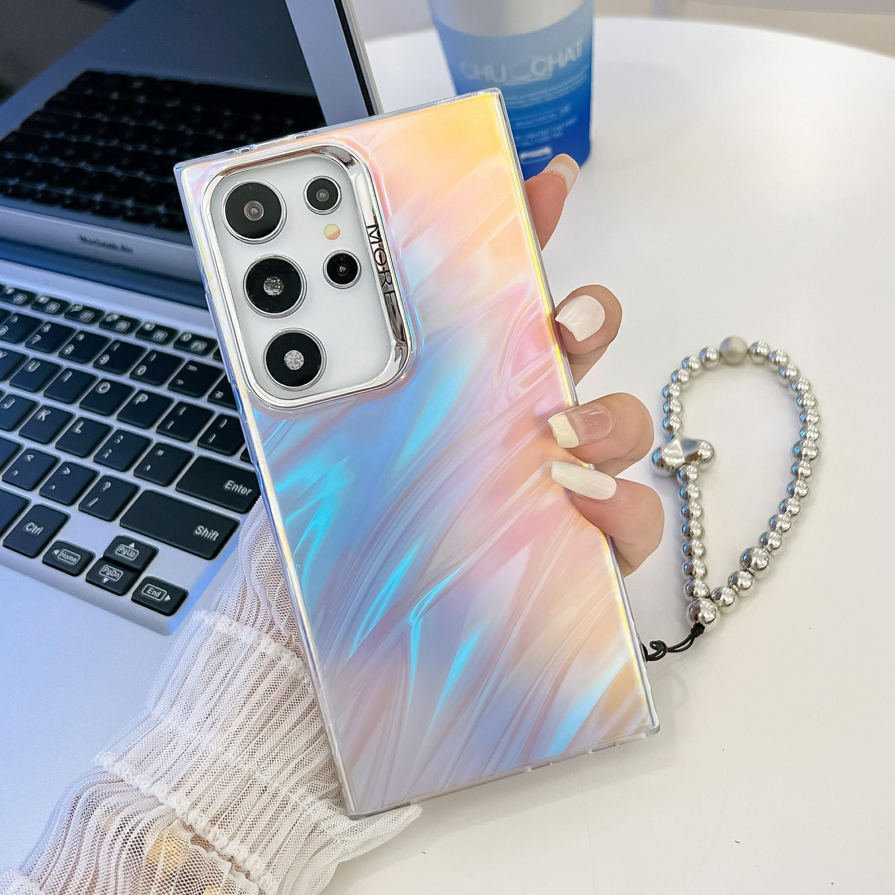 

For Samsung Galaxy S24 Ultra Case PC+TPU IMD Laser Texture Matte Phone Cover with Beaded Bracelet AK4