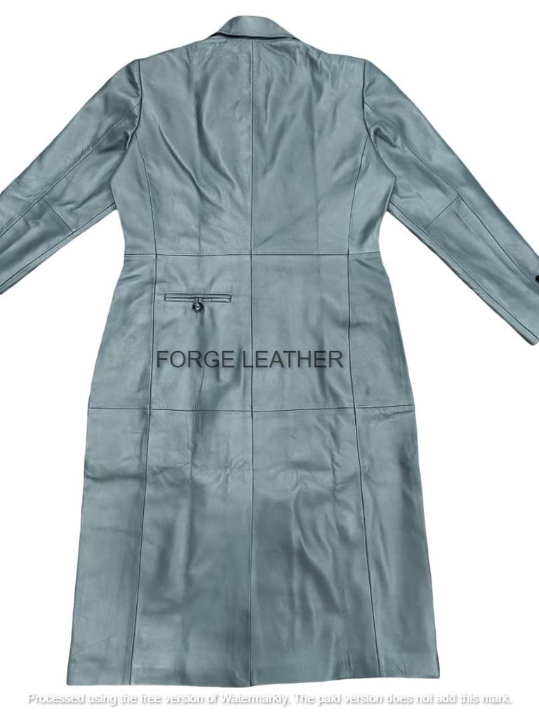 Trench en Cuir Véritable d'Agneau Fait Main Élégant Gris Designer Femme Long