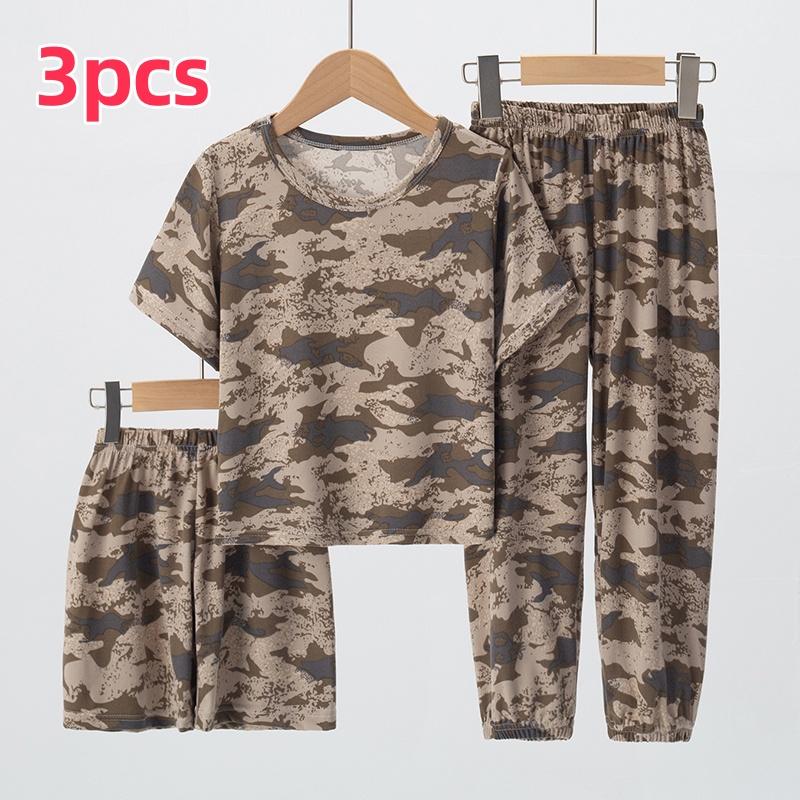 3pcs Summer Children's Printing Short-sleeved Shorts 9 Pants Suit Boys and Girls Comfortable Pajamas Can Be Worn Outside