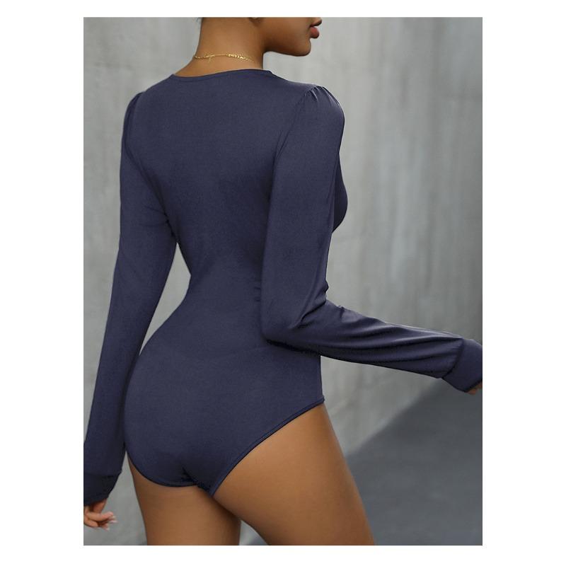 YYFS Damenmode Lässig Einfarbig Druck Frühling Herbst Langarm V-Ausschnitt Bodys