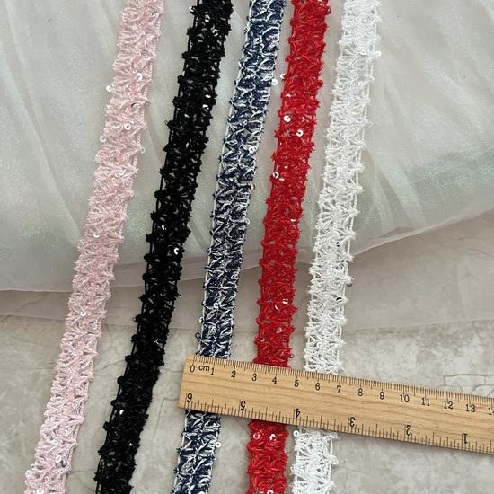 1.5cm Wide Black, White & Pink Hollow Lace Trim with Light Luxury Sequins - DIY Ribbon for Fragrance Style Crafts