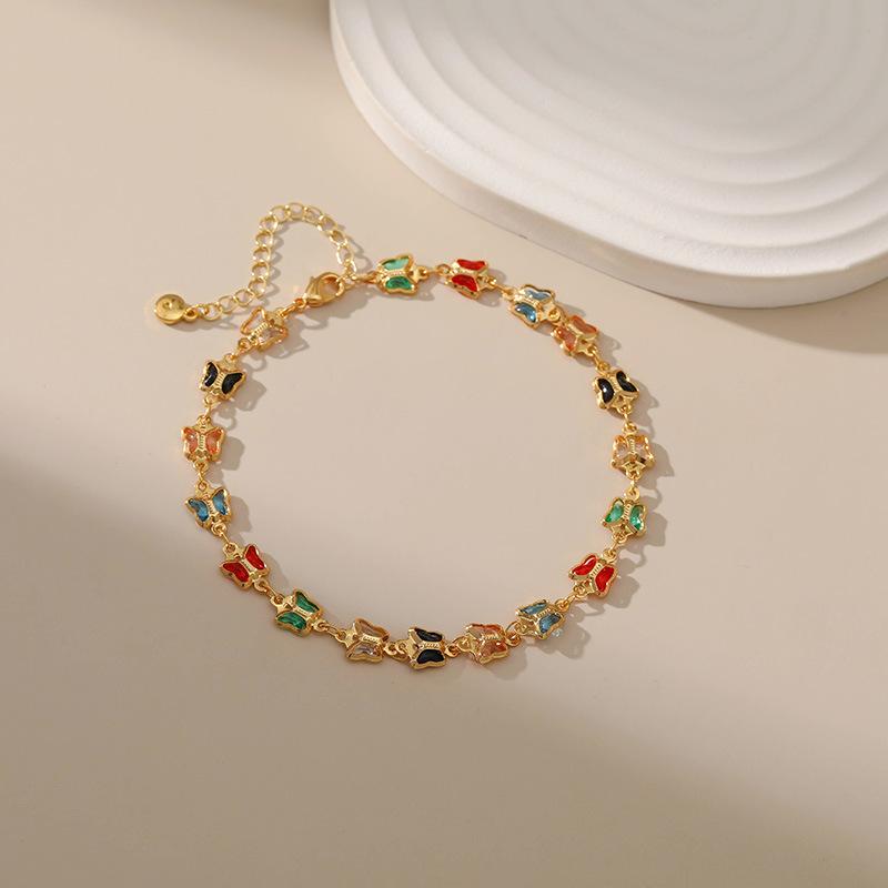 Gold Plated Multicolor CZ Butterfly Link Anklet With Extension Chain разноцветный