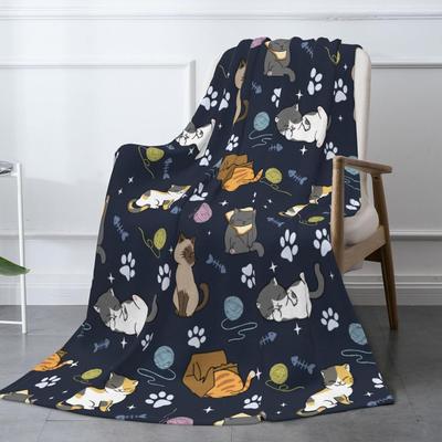 Soft Fluffy Cat Pattern Blanket, Cute Feline Design Cozy Throw Blanket for Adults Kids Pet,Lightweight Warm Plush Fleece Blanket