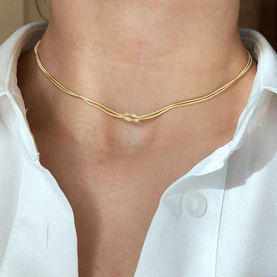 14K Gold Snake Chain Knot Necklace - Non-Fading Stainless Steel, Versatile Commuting & Layering Design