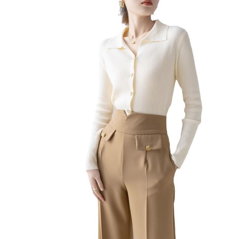 Lapel Knitted Cardigan Women's Early Autumn New Solid Color Lapel Top Long Sleeve Fashion Temperament Sweater Women
