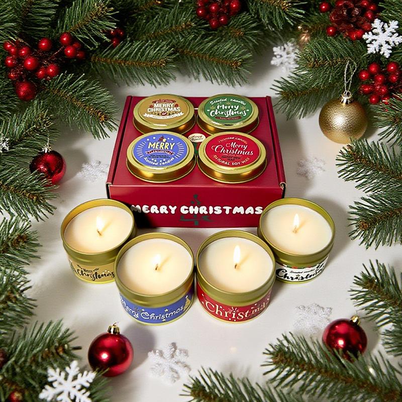 Christmas Scented Candle Gift Set, Smokeless Soy Wax in Tin Box, Premium Holiday Decor Gift