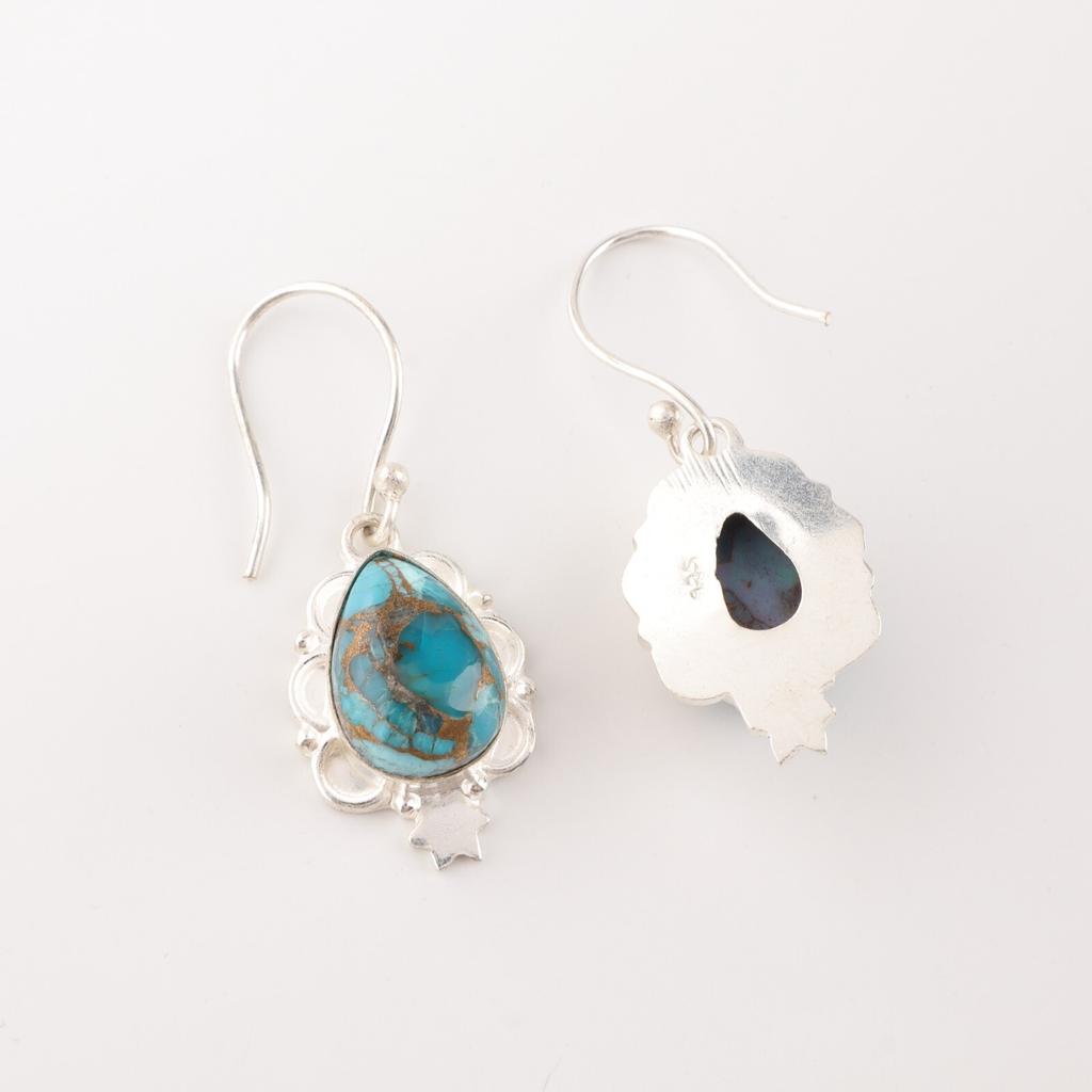 Blue Copper Turquoise Gemstone 925 Stamped Silver Handmade Jewelry Hook Earrings EE-163-40