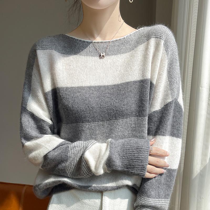 Autumn/Winter Wool Color Block Wide Stripe One-Shoulder Pullover Sweater