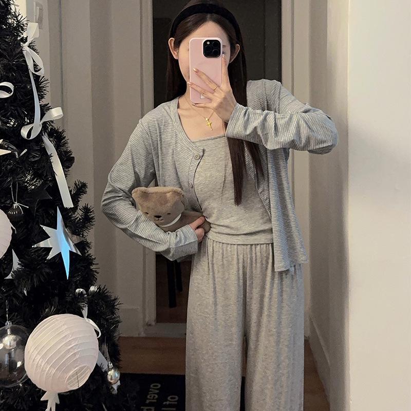 Women's Korean-Style Cardigan & Camisole Set with Chest Pad & Long Pants - Cute & Simple Homewear
