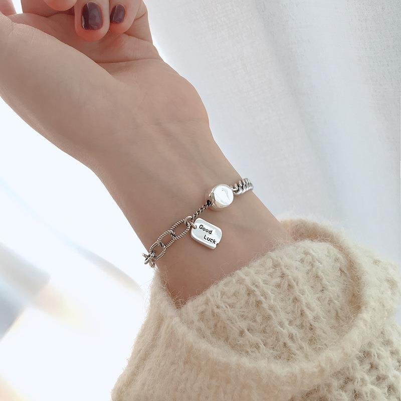 Vintage Square Brand Letter LUCK 925 SterlingThai Silver Fashion Lock Chian Bracelet For Women