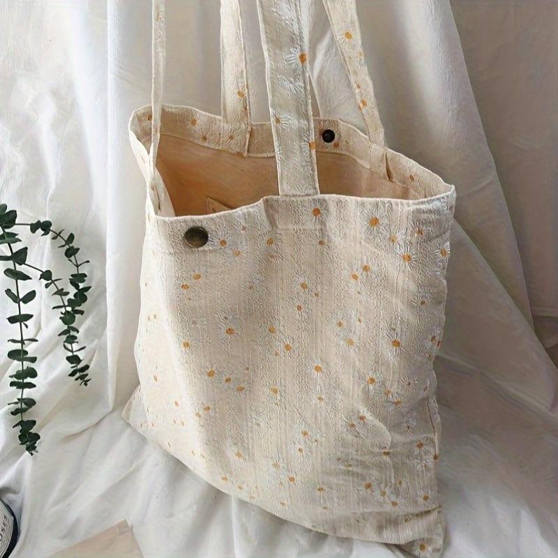 Daisy Embroidered Tote Bag for Women Sweet Style Floral Shoulder Bag with Fixed Strap Reusable Shopping/Gift Bag Perfect for Mother Day Weddings