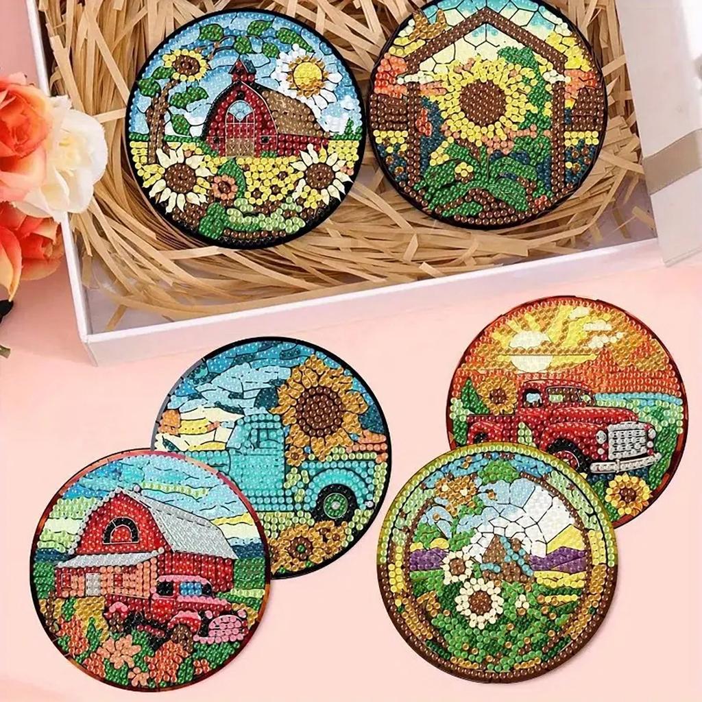 8 Pieces/set of Diamond Painted Car Pattern Coasters, DIY Coasters with Holder, Suitable for Beginners and Adults, Art and Craft Supplies Gifts