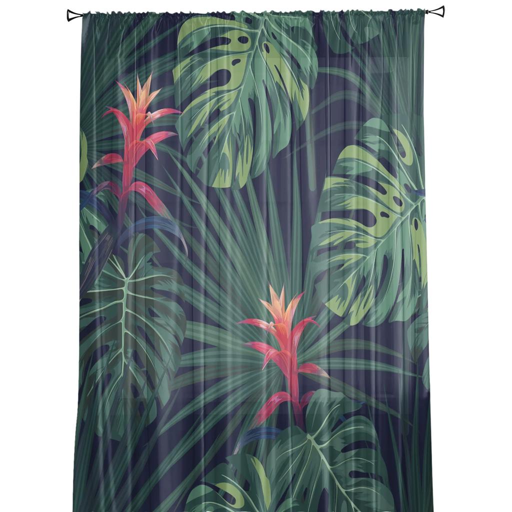 Tropical Jungle Green Plant Flowers Leaves Tulle Sheer Window Curtains for Living Room Bedroom Voile Organza Curtains Drapes