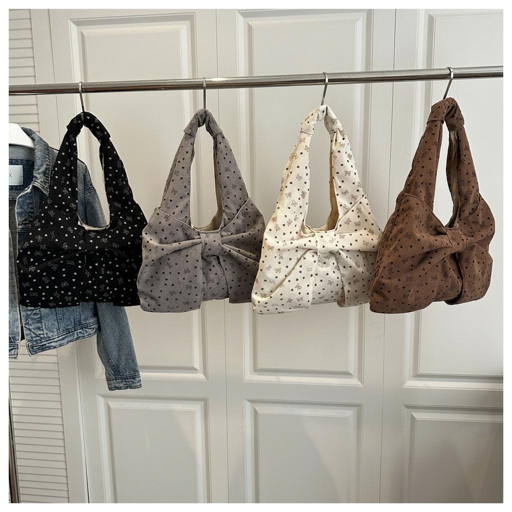 Corduroy Shoulder Bag Girly Dumpling Tote Bag Bow Print Bag Soft For Shopping Decorative Matching Piece Daily Commuting
