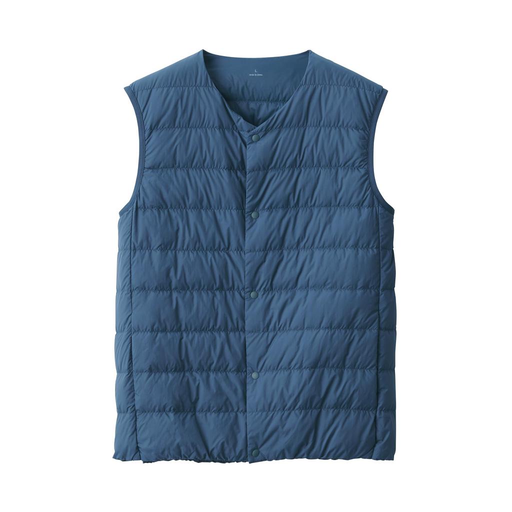 MUJI Lightweight Down Collarless Vest AD0U7A4A Smoky Size L Men's (Anti-Static Lining) Blue,