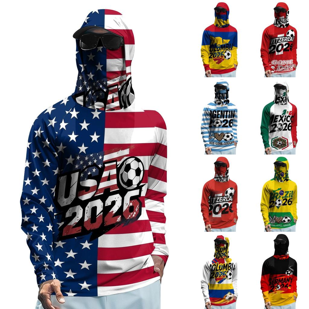 Men's Long Sleeve Sun Protection Hoodie Lightweight Breathable Soccer Sportswear with Hood and Face Cover UV Protection for Outdoor Activities
