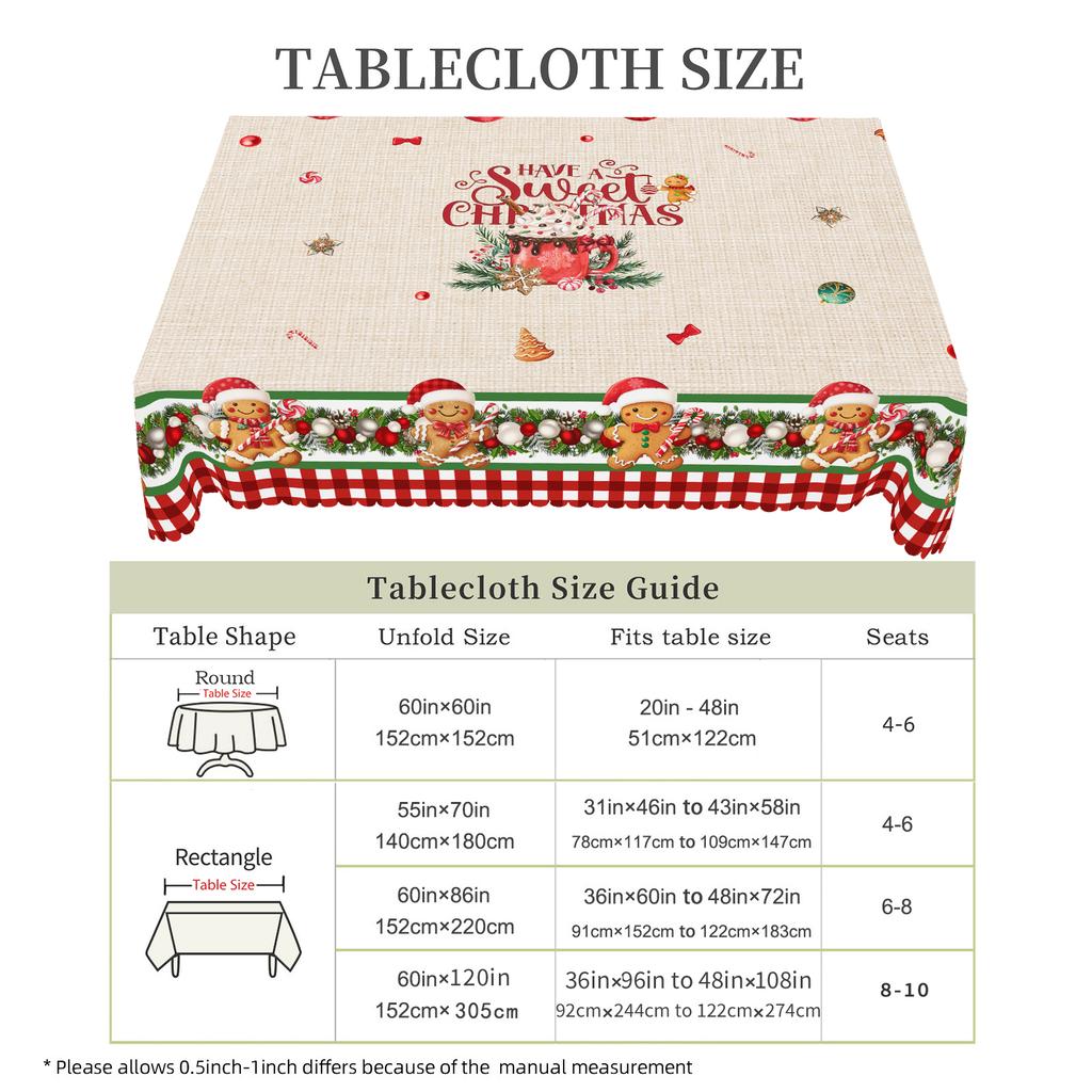 1 Piece Of Christmas Round And Rectangular Tablecloth, Various Sizes, Exquisite And Cute Gingerbread Man Pattern Tablecloth, Christmas Courtyard Table