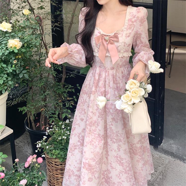 Women's French Floral Long Sleeve Spring Dress: Elegant, Waist-Cinched, Gentle Fairy Style