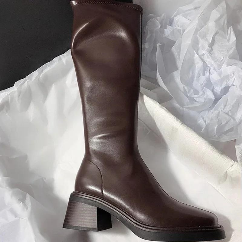 Fashion 2025 New Vintage Thick Heel Women Knee High Boots Fashion Side Zippers Shoes Autumn Winter Ladies Concise Long Botas De Mujer