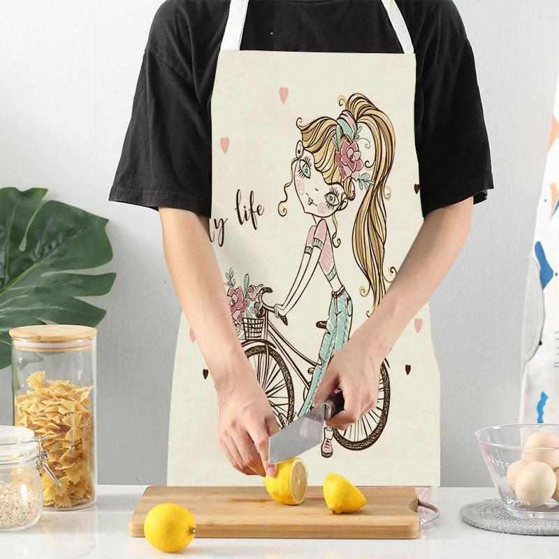 Lovely Cartoon Girl Pattern Linen Sleeveless Kitchen Aprons Women Men Home Cooking Baking Waist Bib Pinafore Antifouling Apron
