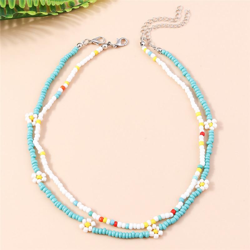Summer Boho Korea Lovely Flowers Seeds Beaded Necklace Statement Short Collar Choker Necklace for Women Vacation Jewelry Gifts