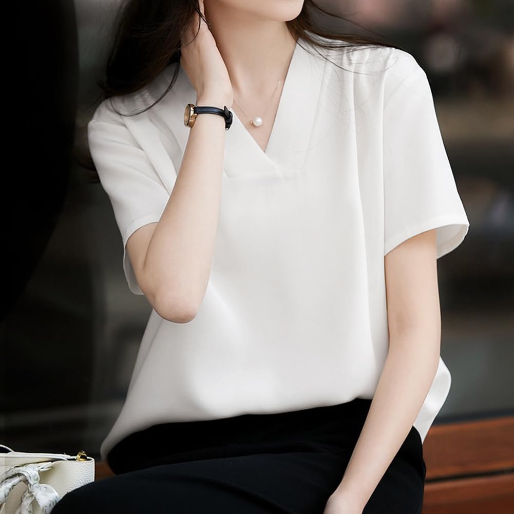Shirt Short Summer [Sueeya] Women's Blouse, Sleeve, V-Neck, Tuck, Body-Concealing, Slimming, Plain, Stylish, Clean, Versatile, Casual, Formal,