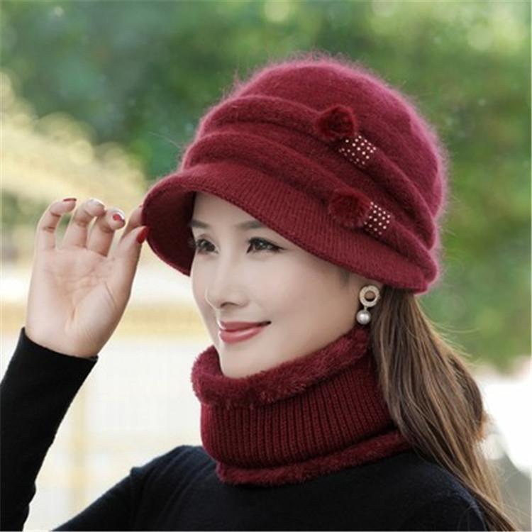 Women Winter Hat Keep Warm Cap Add Fur Lined CAPS And Scarf Set Warm For Female Casual Rabbit Fur Winter Knitted Bonnet