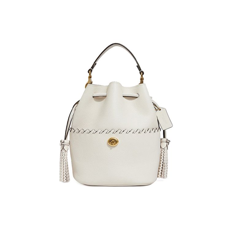 Coach Women's White Lora 22 Tassel Drawstring Leather Bucket Bag Handbags 651-B4ha