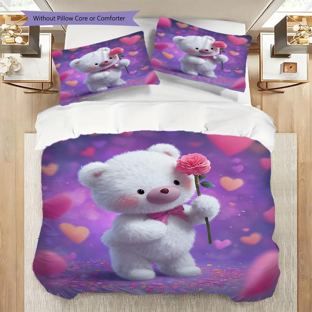 Bear Doll Pattern Bedding Quilt Set Quilt Cover Pillowcase Home Decoration Birthday Gift (1 * Duvet Cover + 2 * Pillowcase, Without Core)
