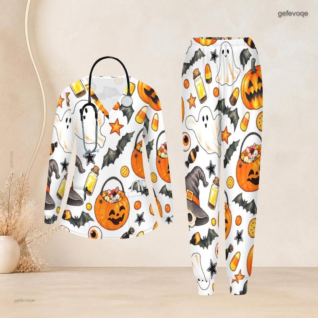 Women Plus Size V Neck Long Sleeve Scrub Set Fashion Afro Lady Art Text Print Nurse Uniform Set