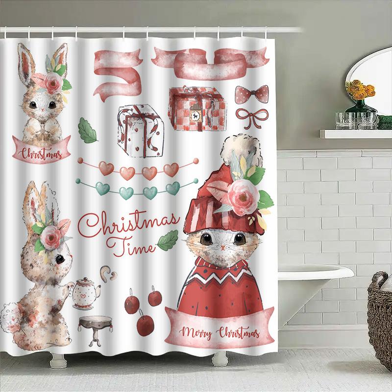 Watercolor Christmas Shower Curtain Set Rabbit Cat Winter Festive Decor For Bathroom Merry Xmas Home Decor Red White Heart Gift
