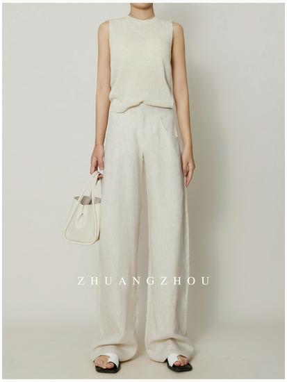 100% Heavyweight Linen Women's Wide-Leg Breathable Floor-Length Slimming Pants