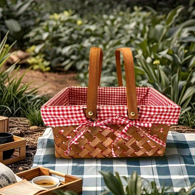 1pc Handwoven Basket - Multi-Purpose Rectangular Storage with Red-White Checkered Lining & Sturdy Frame, Durable Fabric