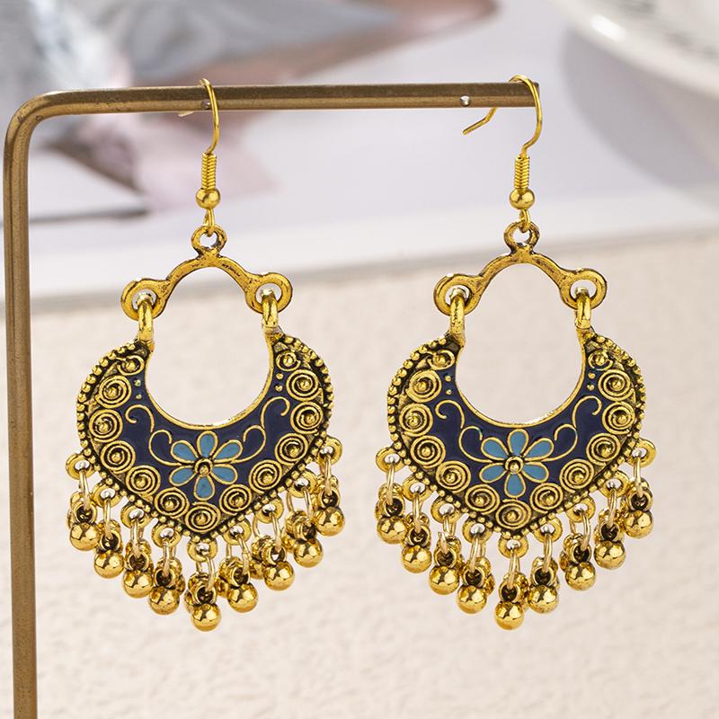 Boho Ethnic Vintage Drop Tassel Dangle Earrings For Women Carved Flower Enamel Geometric Antique Gold Color Female Zircon Gift