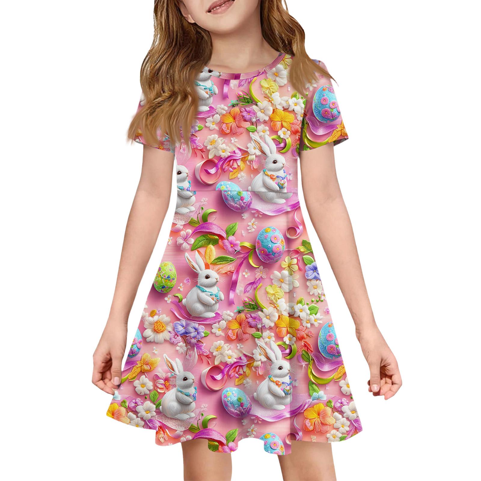 

Girl Summer Dress Color & Print Short Sleeve Dress With Pocket Casual Dress Shorts Sleeve Party Dress Easter Day 120