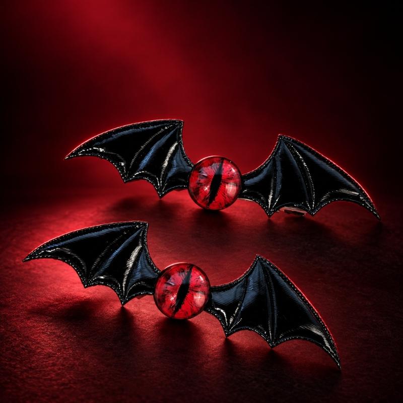 Gothic Hair Clip Set of 2 with Bat Wing Shape and Raised Red Eyeball Decors, Cosplay Barrettes for Theme Party, Stage Show and Party Photo