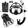 Adult Snorkeling Set: Tempered Glass Diving Mask, Full Dry Snorkel, Fins - Three-Piece Kit