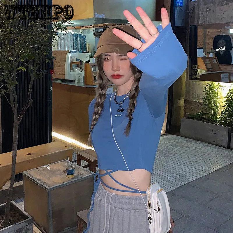 Langarm T-Shirts Frauen Cropped Ins Prevalent Bandage Tops Harajuku Ulzzang Street Spring Girl Causal Slim Shirts