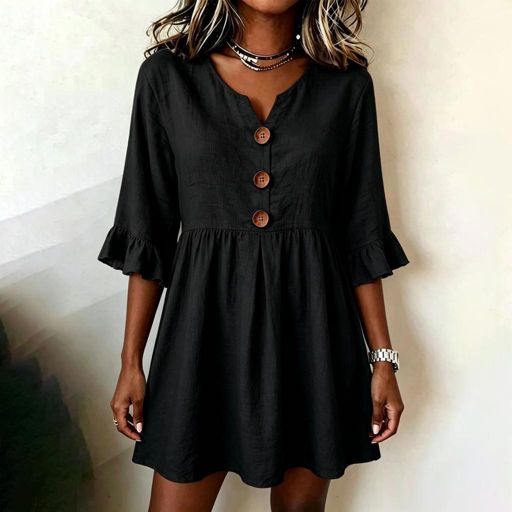 Women's Color V-Neck Half Sleeve Loose Fit Casual Dress for Work Commute
