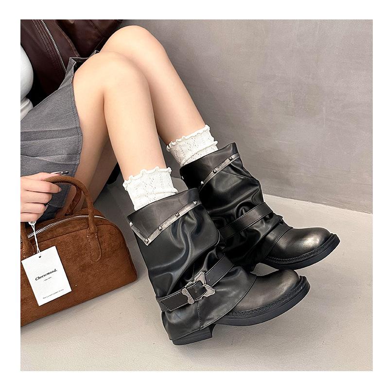 Boots short tube Spice Girl pleated stacked pants tube women's boots personalized rivets new thick heel large tube circumference locomotive boots