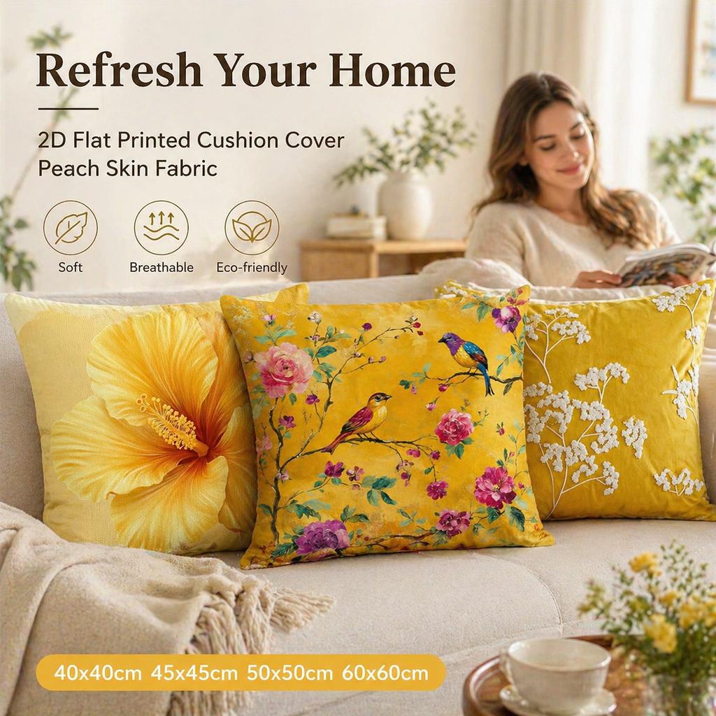 Folk Art Bird Floral Cushion Cover 2D Flat Printed Peach Skin Decorative Pillowcase For Living Room Sofa Home Decor 45X45Cm