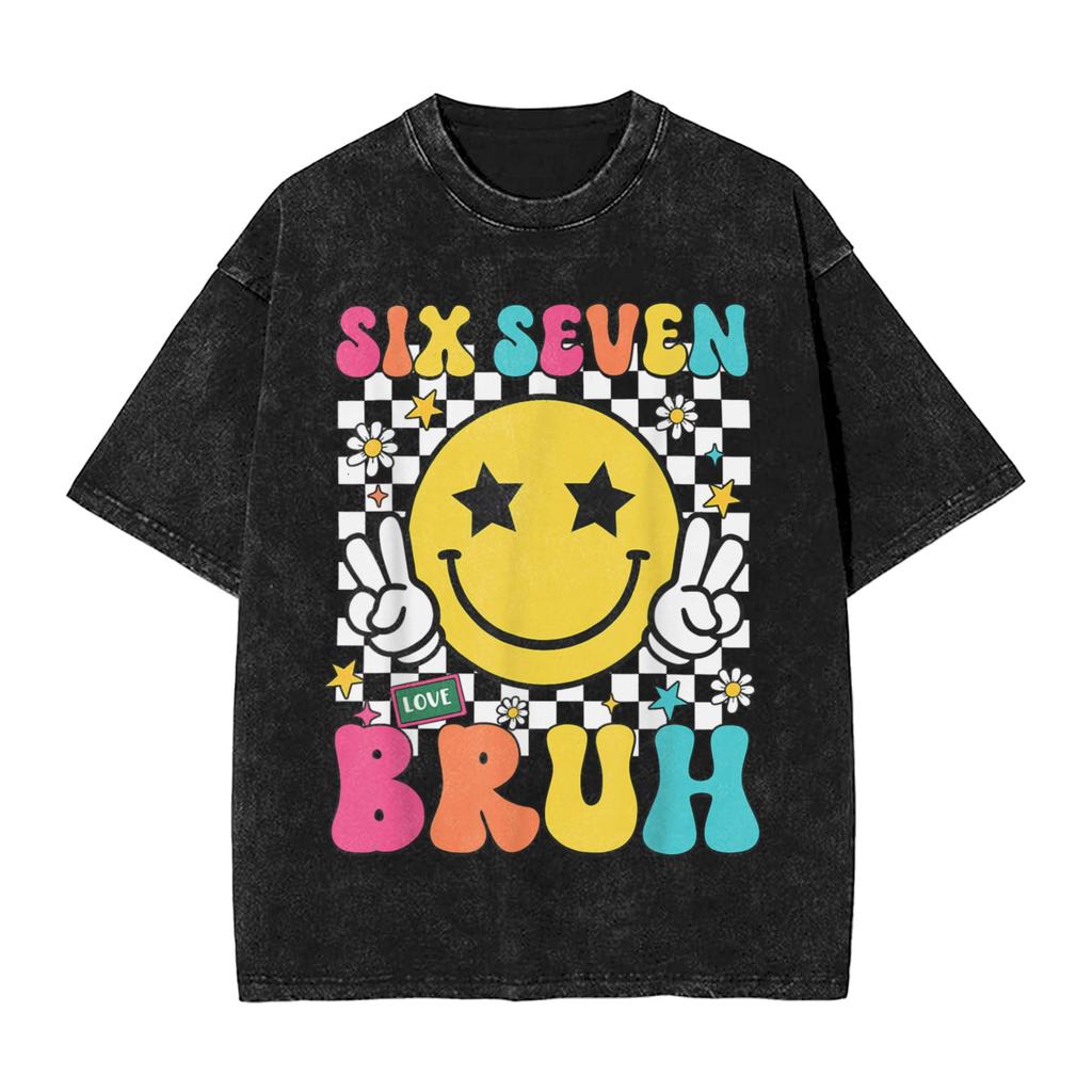 Vintage Washed T Shirt 67 Meme Gen Alpha Slang 6 7 Six Seven Bruh Cotton T-Shirts Fashion Tee Shirt Men Summer Retro Design Tees