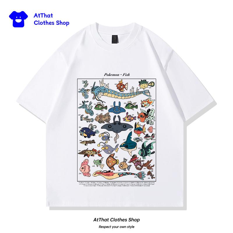 

pokemon Fish Guide clothing Japanesestyle retro pure cotton loose summer shortsleeved Tshirt S