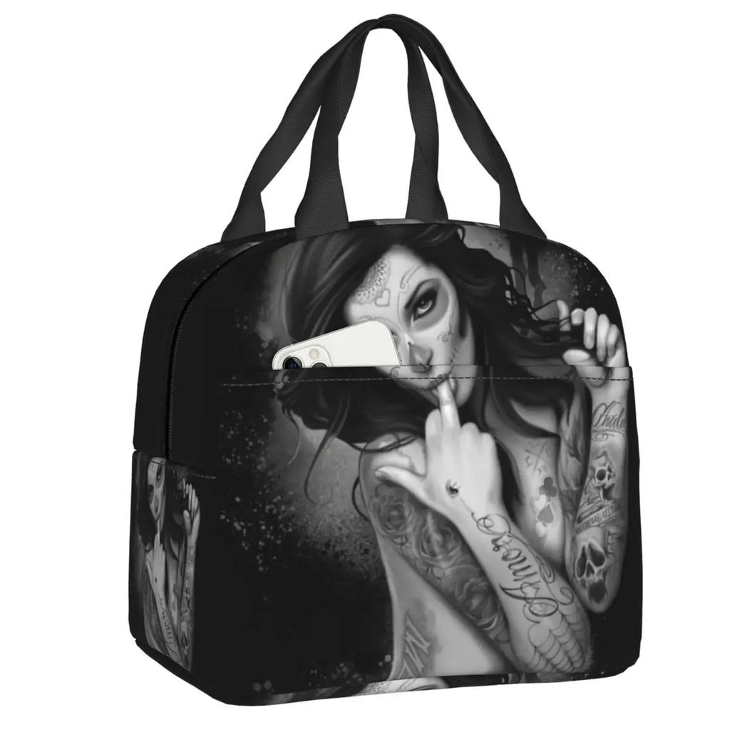 Navy Fade Victorian Lace Skull Resuable Lunch Box Multifunction Mexican Day Of The Dead Thermal Cooler Food Insulated Lunch Bag